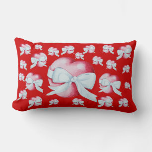 red love heart and white bow romantic design lumbar pillow