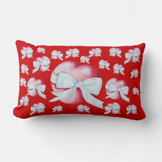 red love heart and white bow romantic design lumbar pillow (Front)