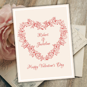 Red Love Heart Cute Floral Elegant Valentines Day Holiday Postcard