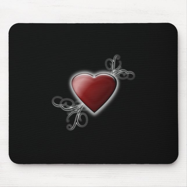 Red Love Heart Glowing Against Midnight Black Mouse Pad (Front)