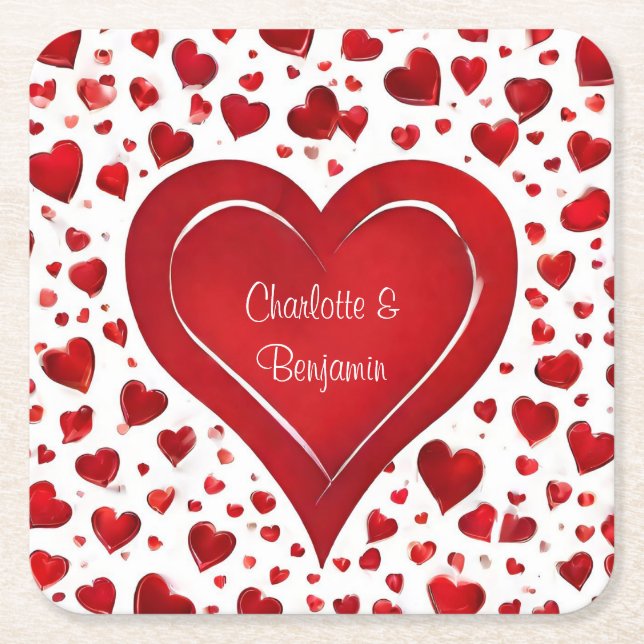 Red Love Hearts | Name Valentines Party Square Paper Coaster (Front)