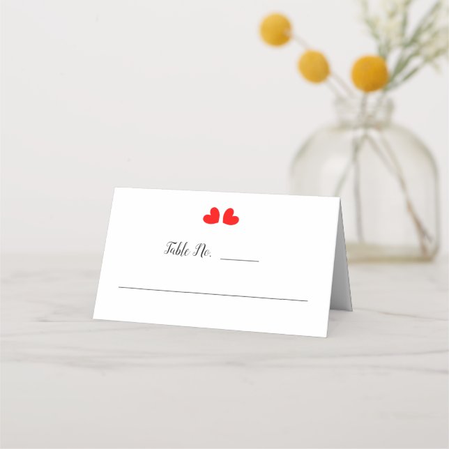 Red Love Hearts On White Wedding Place Card (Front)