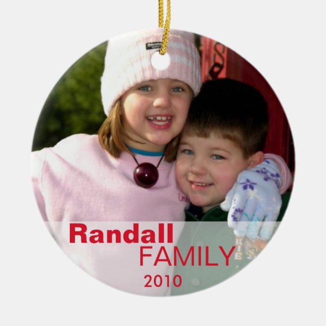 Red love joy peace sign custom photo family name ceramic ornament (Front)