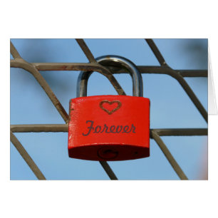 Red Love Lock with Heart on Fence, "Forever"