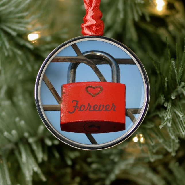 Red Love Lock with Heart on Fence, "Forever" Metal Ornament (Tree)