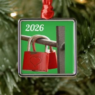 Red Love Locks on Fence Metal Ornament
