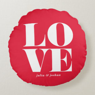 Red LOVE Modern Typography Custom Valentine's Day Round Pillow