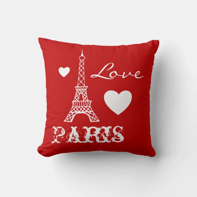 Red Love Paris Eiffel Tower Bedroom Pillow (Front)