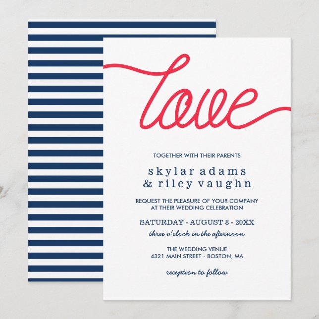 Red Love Preppy Blue Wedding Invitation (Front/Back)
