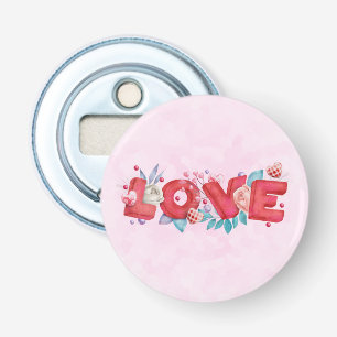 Red Love Text in Bold Block Letters Watercolor Bottle Opener