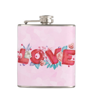 Red Love Text in Bold Block Letters Watercolor Hip Flask