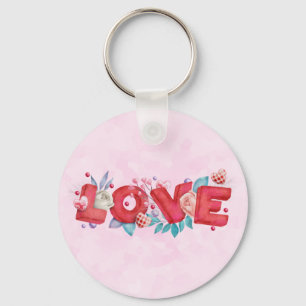 Red Love Text in Bold Block Letters Watercolor Keychain