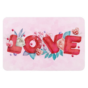 Red Love Text in Bold Block Letters Watercolor Magnet