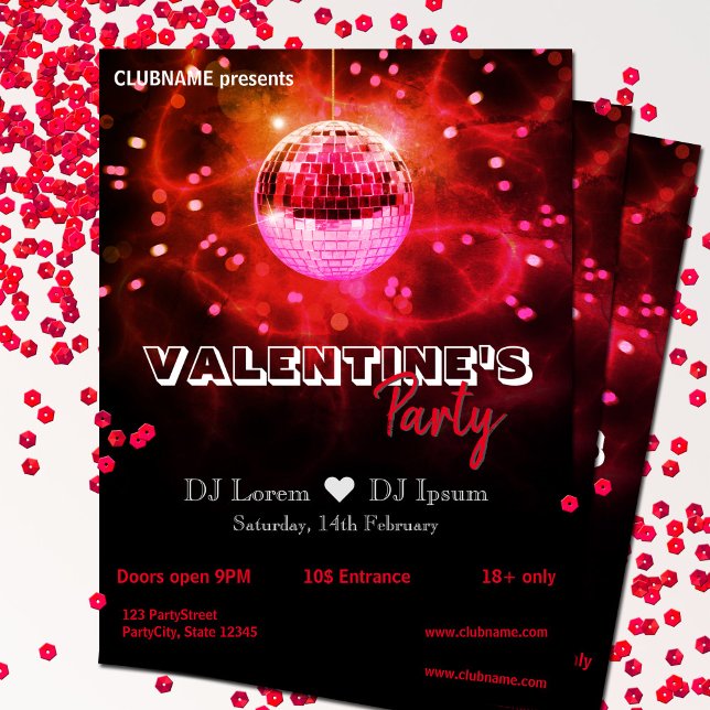 Red Love Valentine's Day Disco Ball Party Flyer (Creator Uploaded)