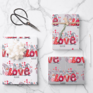 Red Love Word With Watercolor Gnomes Valentines Wrapping Paper Sheet