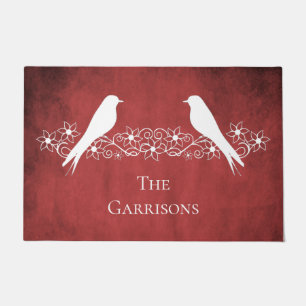 Red Lovebirds Floral Vine Personalized Doormat