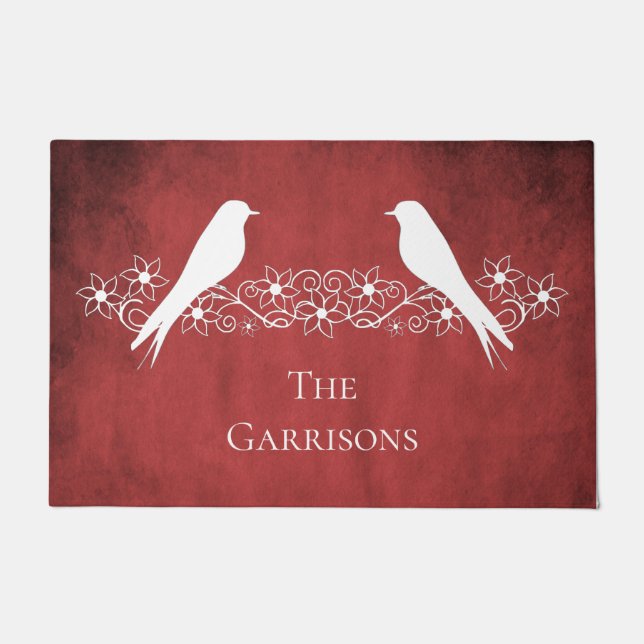 Red Lovebirds Floral Vine Personalized Doormat (Front)