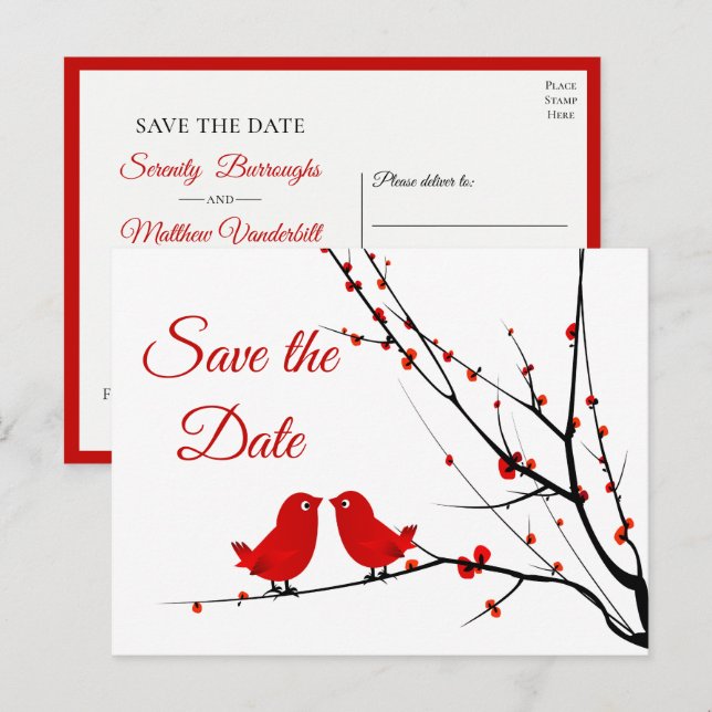 Red Lovebirds Spring Summer Save the Date Announcement Postcard (Front/Back)