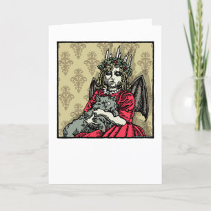 Red Lucia and Cat - Blank Inside Pop Goth Holiday Card