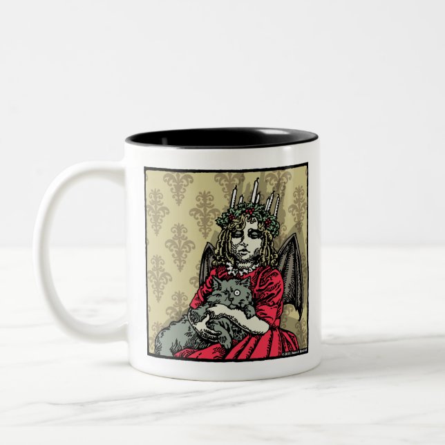 Red Lucia and Cat - Pop Goth Holiday Surreal Two-Tone Coffee Mug (Left)