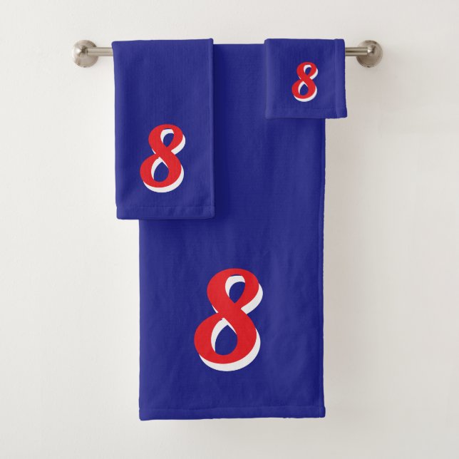 Red Lucky Number Eight on Blue Bath Towel Set (Insitu)