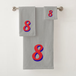 Red Lucky Number Eight on Silver Grey Bath Towel Set