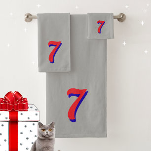 Red Lucky Number Seven on Silver Grey Bath Towel Set