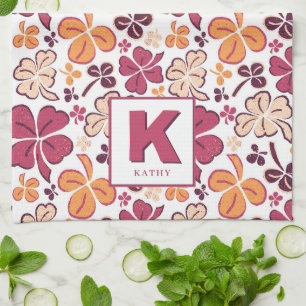 Red Lucky Shamrock Clover Pattern Monogrammed Kitchen Towel