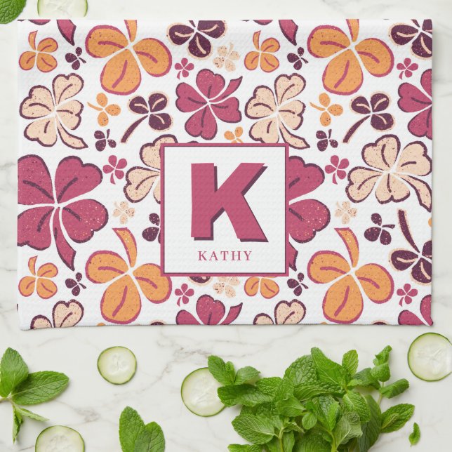 Red Lucky Shamrock Clover Pattern Monogrammed Kitchen Towel (Folded)