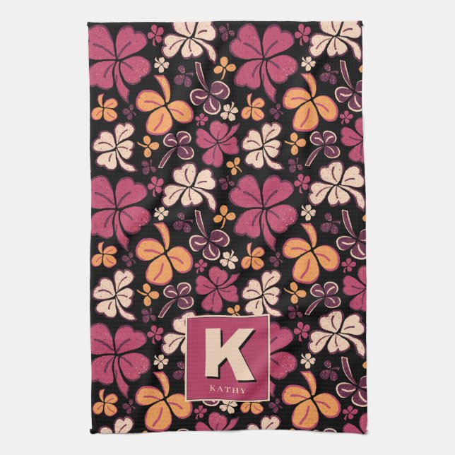 Red Lucky Shamrock Clover Pattern Monogrammed Kitchen Towel (Vertical)