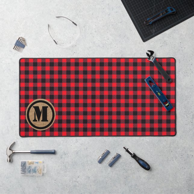 Red Lumberjack Buffalo Plaid and Burlap Monogram Desk Mat (Workstation)