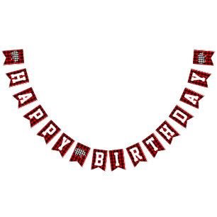 Red Lumberjack Plaid Bear Happy Birthday Party Bunting Flags
