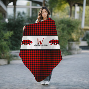 Red Lumberjack Plaid Bears Monogram Fleece Blanket