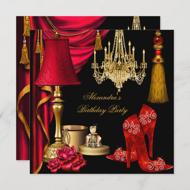 Red Luxury Womans Gold Black High Heels Party Invitation (Front/Back)