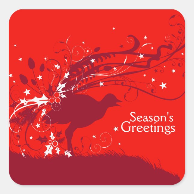 Red Lyrebird square christmas stickers (Front)