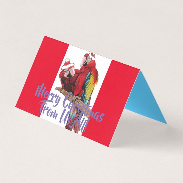 Red Macaw Parrot Merry From Us Christmas Card set (Front)