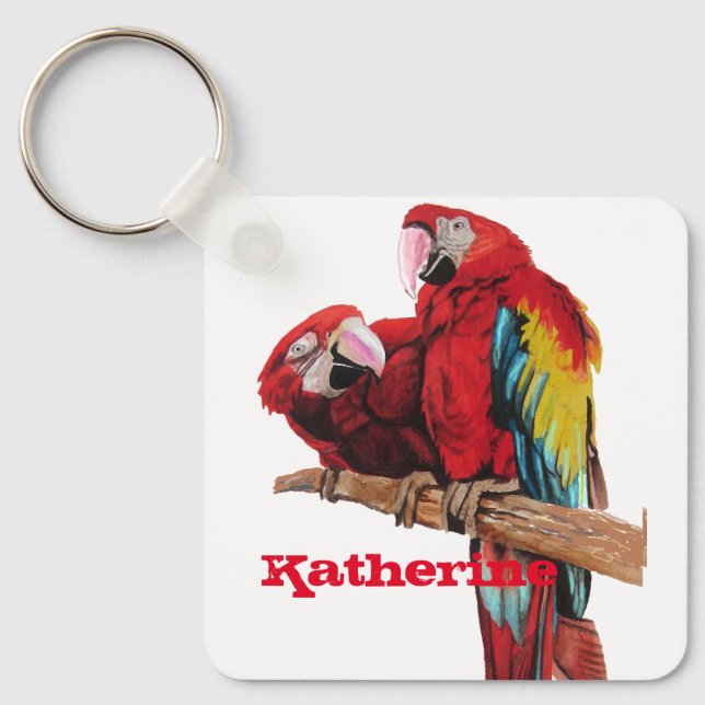 Red Macaw Parrot Parrots Watercolor Art Key Ring (Front)