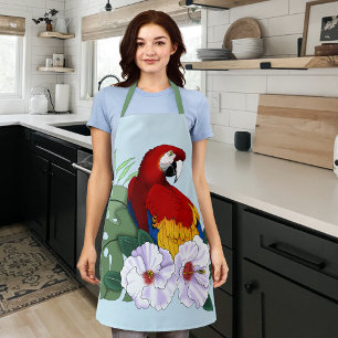 Red Macaw Parrot Tropical White Hibiscus Floral  Apron