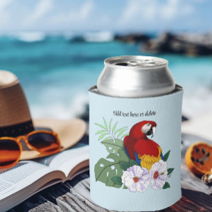 Red Macaw Parrot Tropical White Hibiscus Floral  Can Cooler