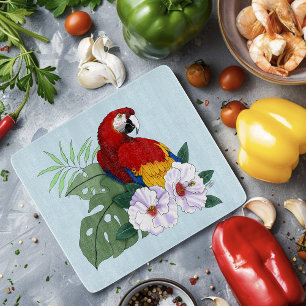 Red Macaw Parrot Tropical White Hibiscus Floral Cutting Board