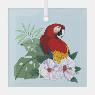 Red Macaw Parrot Tropical White Hibiscus Floral Glass Ornament