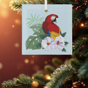 Red Macaw Parrot Tropical White Hibiscus Floral  Glass Ornament
