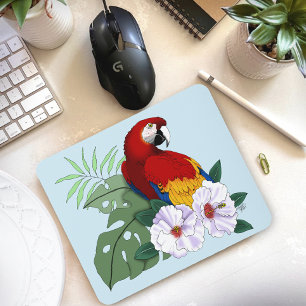 Red Macaw Parrot Tropical White Hibiscus Floral Mouse Pad