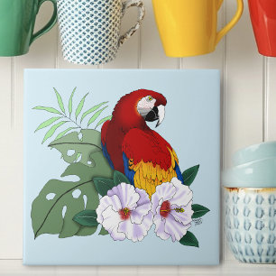 Red Macaw Parrot Tropical White Hibiscus Floral  Tile