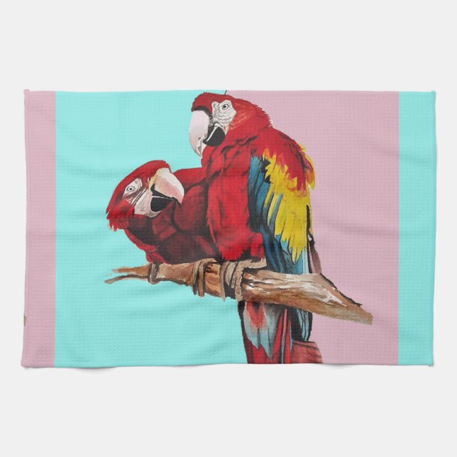 Red Macaw Parrots Watercolour Kitchen Aqua Pink Kitchen Towel (Horizontal)