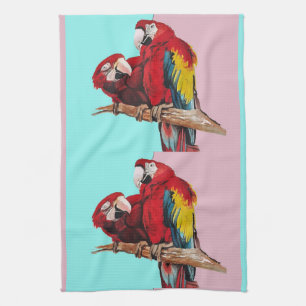 Red Macaw Parrots Watercolour Kitchen Aqua Pink Te Towel