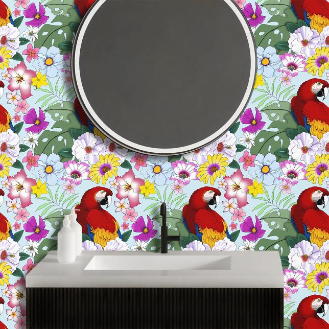 Red Macaw Tropical Bird Floral Parrot Wallpaper (Creator Uploaded)