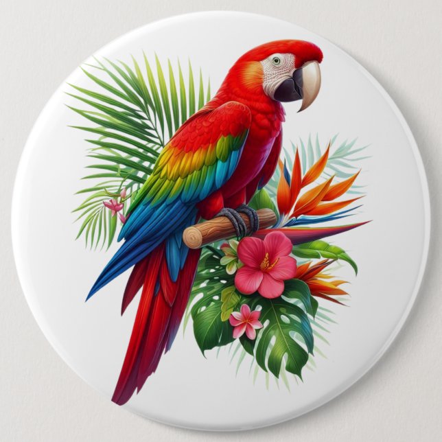 Red macaw tropical floral 6 inch round button (Front)