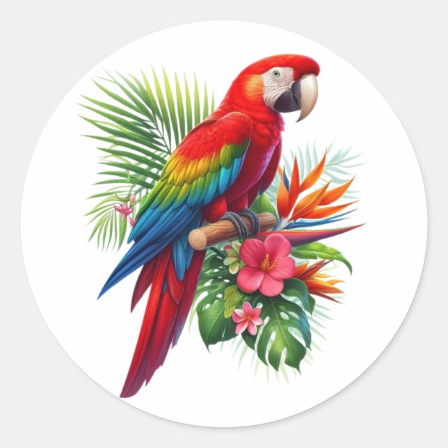 Red macaw tropical floral classic round sticker (Front)