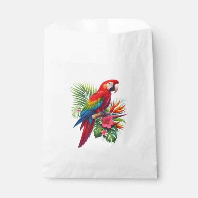 Red macaw tropical floral favour bag (Front)